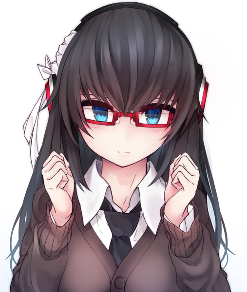 Anime picture 2500x2960 with original otokuyou single long hair tall image looking at viewer blush fringe highres blue eyes black hair simple background white background girl glasses necktie hairband headphones sweater