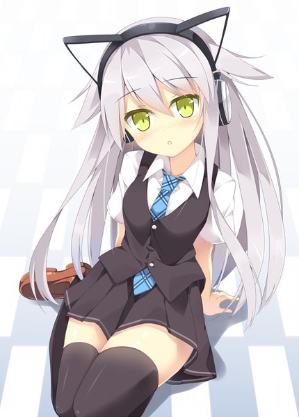 Anime picture 700x976 with original nibiiro shizuka single long hair tall image looking at viewer blush fringe hair between eyes white background sitting green eyes animal ears silver hair pleated skirt from above cat ears arm support short sleeves zettai ryouiki