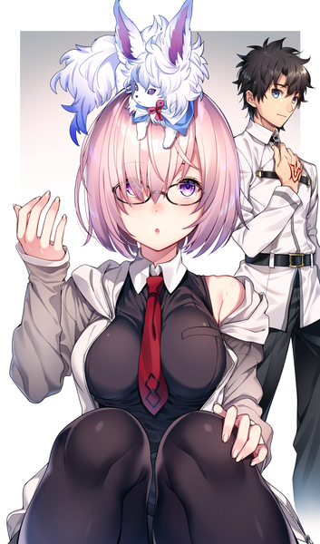 Anime picture 1085x1841 with fate (series) fate/grand order mash kyrielight fou (fate) fujimaru ritsuka (male) kat (bu-kunn) tall image fringe short hair blue eyes light erotic black hair standing sitting purple eyes pink hair hair over one eye off shoulder tattoo looking up