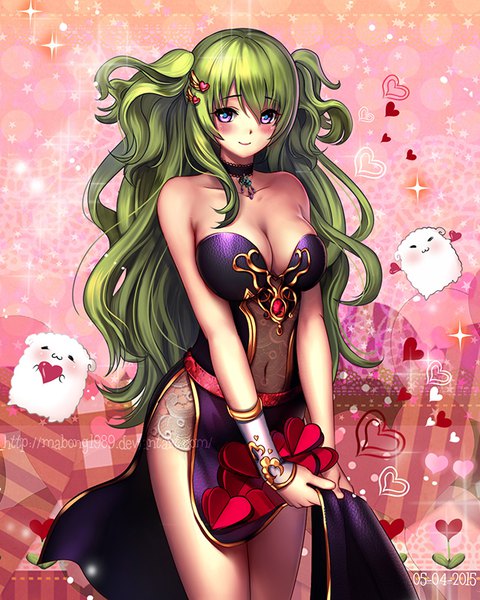 Anime picture 640x800 with original riiya (mabong1989) single long hair tall image looking at viewer blush fringe breasts light erotic smile hair between eyes large breasts standing bare shoulders holding signed cleavage pink eyes green hair