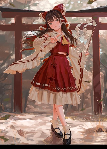 Anime picture 1250x1736 with touhou hakurei reimu fkey single long hair tall image looking at viewer blush fringe hair between eyes brown hair standing holding brown eyes signed full body outdoors long sleeves traditional clothes head tilt