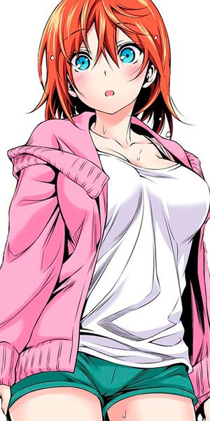 Anime picture 400x800 with yuragisou no yuuna-san miyazaki chisaki single tall image looking at viewer blush fringe short hair breasts open mouth blue eyes simple background hair between eyes large breasts white background from below sweat embarrassed coloring girl