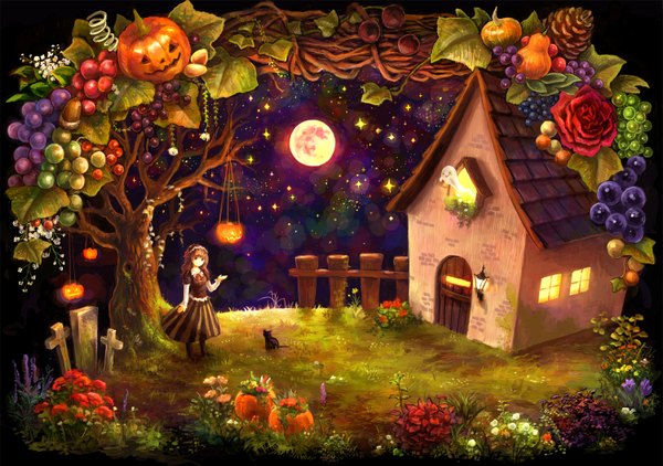 Anime picture 1500x1056 with original ashi kyuuyuu single long hair brown hair brown eyes night sky halloween ghost girl dress flower (flowers) plant (plants) tree (trees) headdress star (stars) cat cross full moon fruit