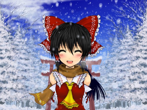 Anime picture 1600x1200 with touhou hakurei reimu sandaime single black hair hair between eyes japanese clothes snowing winter snow miko girl bow ribbon (ribbons) hair bow detached sleeves scarf