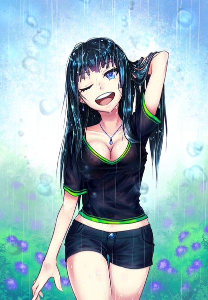 Anime picture 1620x2332 with original samael single long hair tall image looking at viewer breasts open mouth blue eyes black hair smile cleavage one eye closed wink midriff wet adjusting hair rain wet clothes walking