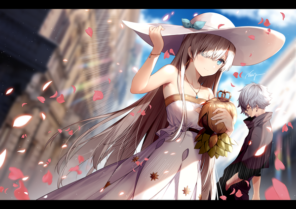 Anime picture 1200x850 with fate (series) fate/grand order anastasia (fate) viy (fate) kadoc zemlupus necomi (gussan) long hair looking at viewer blush fringe short hair blue eyes smile bare shoulders holding signed sky cloud (clouds) outdoors eyes closed