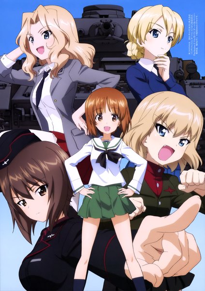 Anime picture 2894x4095 with girls und panzer nishizumi miho darjeeling (girls und panzer) katyusha (girls und panzer) nishizumi maho kay (girls und panzer) long hair tall image blush highres short hair open mouth blue eyes blonde hair brown hair multiple girls brown eyes scan official art girl