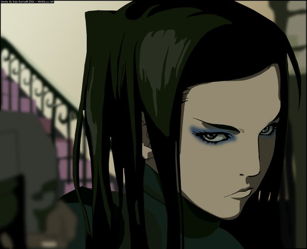 Anime picture 1231x1000 with ergo proxy re-l mayer long hair looking at viewer black hair holding signed realistic grey eyes outstretched arm close-up eyeshadow vector serious girl weapon gun stairs pistol