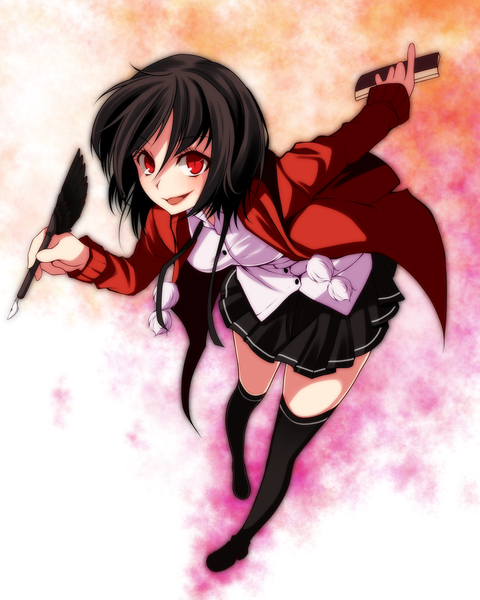 Anime picture 1679x2100 with touhou shameimaru aya s-syogo single tall image looking at viewer short hair open mouth black hair red eyes girl thighhighs skirt black thighhighs book (books) feather (feathers)