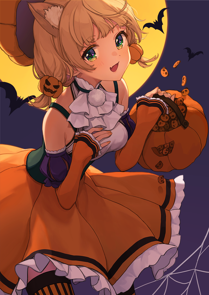 Anime picture 955x1351 with virtual youtuber indie virtual youtuber shigure ui (vtuber) takuo single tall image looking at viewer short hair open mouth blonde hair twintails green eyes animal ears long sleeves :d low twintails hand on chest sleeves past wrists fake animal ears halloween