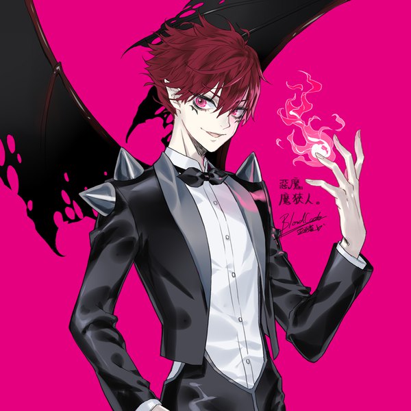 Anime picture 1000x1000 with kyoukai no rinne masato (kyoukai no rinne) bloodcat (babacatcat) single looking at viewer fringe short hair open mouth simple background smile hair between eyes signed upper body red hair pink eyes pointy ears hand on hip pink background boy wings