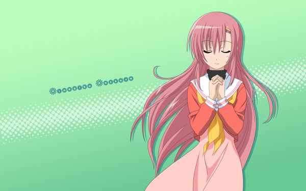 Anime picture 1680x1050 with hayate no gotoku! katsura hinagiku long hair wide image pink hair eyes closed wallpaper green background girl serafuku