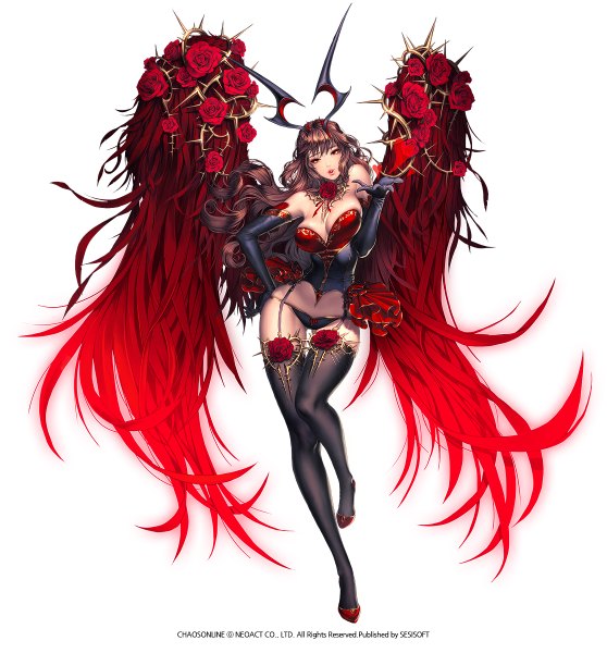 Anime picture 1115x1200 with chaos online love cacao single long hair tall image looking at viewer breasts light erotic simple background red eyes brown hair white background horn (horns) lips lipstick pink lipstick girl thighhighs gloves underwear