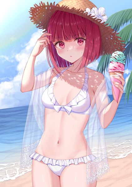 Anime picture 1446x2048 with oshi no ko arima kana izumo neru single tall image looking at viewer blush fringe short hair light erotic red eyes standing sky cloud (clouds) outdoors red hair blunt bangs beach girl swimsuit