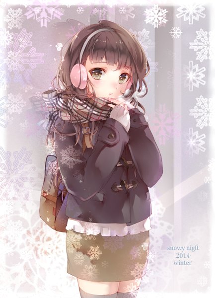 Anime picture 900x1246 with original 041 single long hair tall image looking at viewer blush fringe brown hair standing green eyes fingernails zettai ryouiki symbol-shaped pupils exhalation girl skirt miniskirt scarf bag