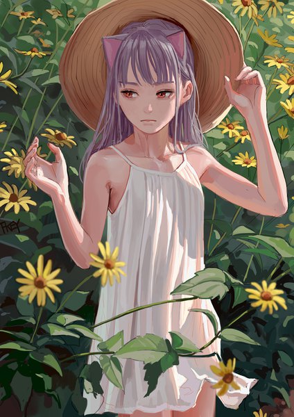 Anime picture 1000x1415 with original feiqizi (fkey) fkey single long hair tall image fringe red eyes standing bare shoulders signed animal ears looking away outdoors blunt bangs arm up grey hair cat ears adjusting hat girl