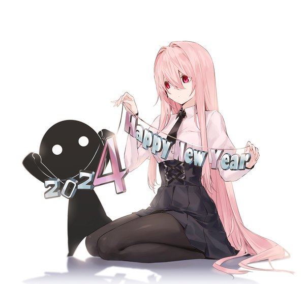 Anime picture 1500x1394 with original luen kulo single long hair fringe simple background hair between eyes red eyes white background sitting holding looking away pink hair long sleeves puffy sleeves new year seiza happy new year 2024 girl