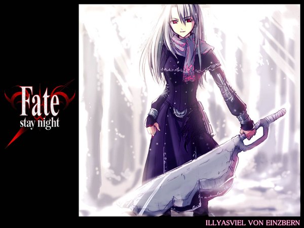 Anime picture 1280x960 with fate (series) fate/stay night studio deen type-moon illyasviel von einzbern red eyes white hair girl weapon scarf huge weapon huge sword