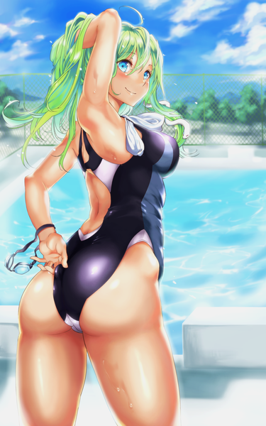 Anime picture 1175x1880 with touhou kochiya sanae hikari (komitiookami) single long hair tall image looking at viewer blush fringe breasts blue eyes light erotic hair between eyes large breasts cloud (clouds) ahoge ass green hair light smile from behind