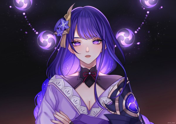 Anime picture 2048x1448 with genshin impact raiden shogun racc chan single long hair looking at viewer blush fringe highres purple eyes signed payot cleavage purple hair upper body nail polish traditional clothes parted lips japanese clothes hair flower