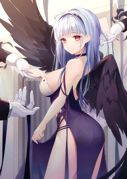 Anime picture 3000x4200 with azur lane dido (azur lane) dido (anxious bisque doll) (azur lane) naru long hair tall image looking at viewer blush fringe highres breasts light erotic red eyes large breasts signed silver hair blunt bangs looking back from behind sleeveless