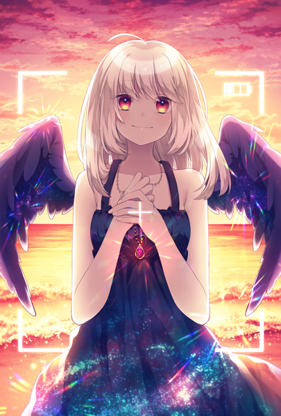 Anime picture 1181x1748 with original hotori (artist) single long hair tall image looking at viewer blush fringe blonde hair smile hair between eyes red eyes standing bare shoulders holding sky cloud (clouds) ahoge outdoors sleeveless
