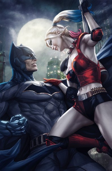 Anime picture 856x1300 with batman dc comics harley queen batman (character) artgerm (stanley lau) tall image short hair blue eyes blonde hair twintails signed blue hair pink hair cloud (clouds) bent knee (knees) multicolored hair light smile lips realistic night