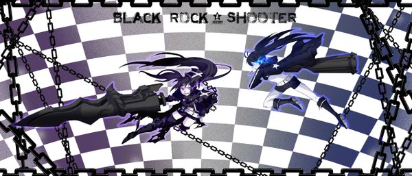 イラスト 5000x2145 と ブラック★ロックシューター black rock shooter (character) insane black rock shooter diverti 長髪 highres wide image multiple girls absurdres glowing glowing eye (eyes) battle checkered background 女の子 武器 2人女子 チェーン でかい武器