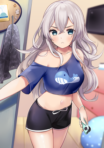 Anime picture 707x1000 with original sanyu (ry thae) ry thae single long hair tall image looking at viewer blush fringe breasts blue eyes hair between eyes standing bare shoulders holding silver hair indoors blurry off shoulder mole