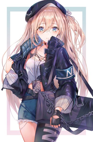 Anime picture 652x1000 with original develop2 single long hair tall image looking at viewer blush fringe breasts blue eyes simple background blonde hair hair between eyes standing white background signed long sleeves open jacket one side up torn clothes