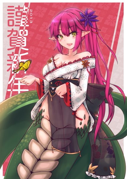 Anime picture 904x1280 with original rocknroll (artist) single long hair tall image blush light erotic smile green eyes looking away pink hair tail traditional clothes parted lips japanese clothes pointy ears no panties side ponytail snake tail lamia