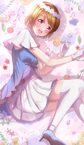 Anime picture 1408x2418 with love live! school idol project sunrise (studio) love live! koizumi hanayo hogetdhoge single tall image looking at viewer blush fringe short hair breasts smile brown hair purple eyes lying sparkle high heels on side asymmetrical clothes