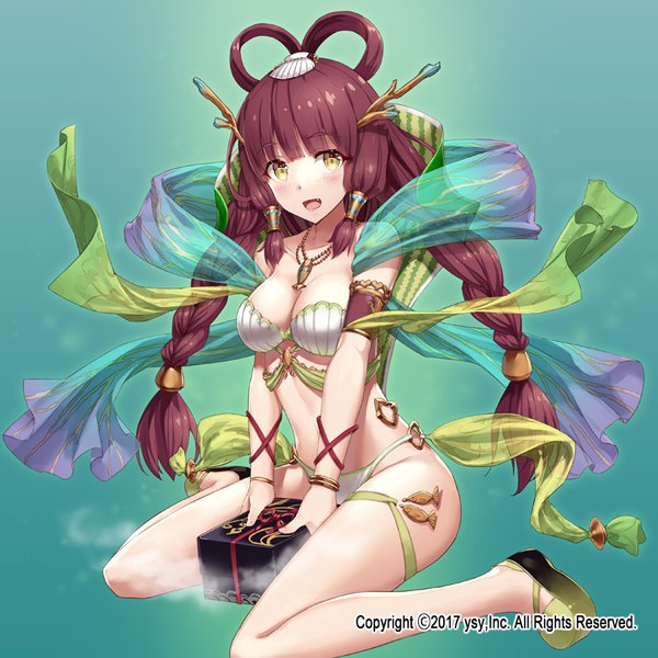 Anime picture 800x800 with revolve gabiran single long hair looking at viewer blush fringe breasts open mouth light erotic simple background brown hair large breasts sitting signed full body bent knee (knees) blunt bangs braid (braids) horn (horns)