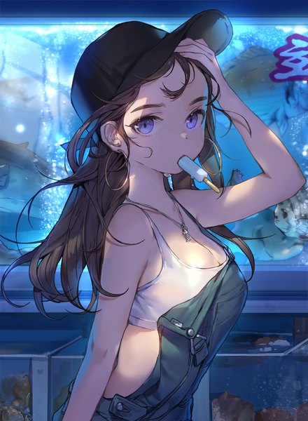 Anime picture 700x954 with original whoisshe single long hair tall image looking at viewer fringe breasts blue eyes brown hair standing holding cleavage indoors mouth hold adjusting hair girl earrings animal food