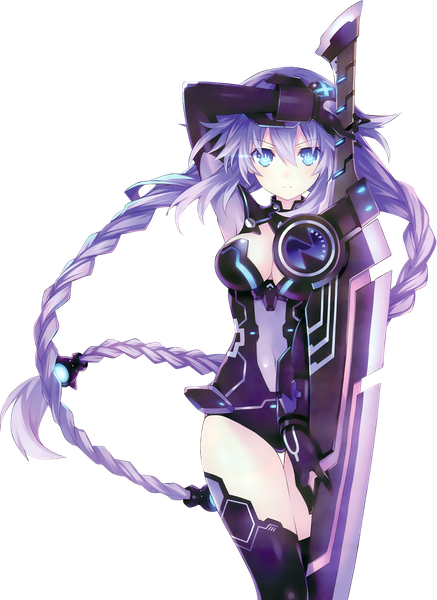 Anime picture 1093x1498 with choujigen game neptune purple heart tsunako single long hair tall image looking at viewer fringe breasts blue eyes light erotic hair between eyes large breasts standing holding cleavage purple hair braid (braids) arm up twin braids