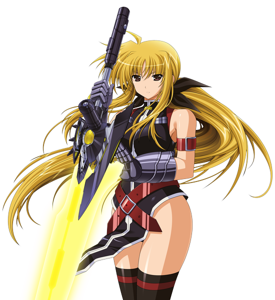 Anime picture 5193x5667 with mahou shoujo lyrical nanoha fate testarossa single long hair tall image highres light erotic blonde hair red eyes bare shoulders absurdres ahoge ponytail transparent background girl thighhighs weapon black thighhighs sword belt