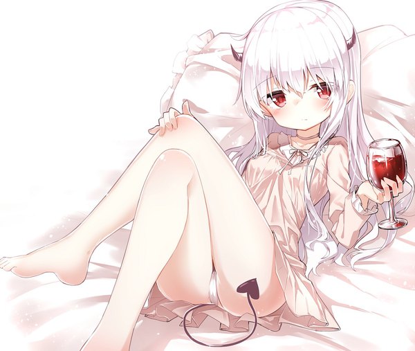 Anime picture 1040x880 with original darnell single long hair looking at viewer blush fringe light erotic simple background hair between eyes red eyes white background holding payot white hair tail barefoot horn (horns) pantyshot crossed legs