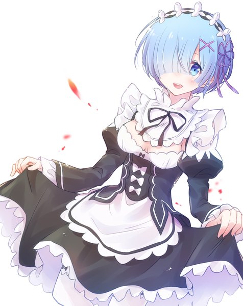 Anime picture 2806x3532 with re:zero kara hajimeru isekai seikatsu white fox rem (re:zero) nyaa (nnekoron) single tall image blush fringe highres short hair open mouth blue eyes simple background white background blue hair cleavage hair over one eye maid girl thighhighs