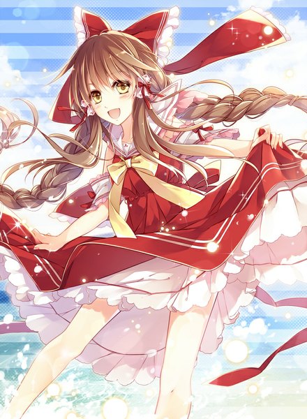 Anime picture 715x974 with touhou hakurei reimu mochizuki shiina single long hair tall image blush open mouth smile brown hair yellow eyes braid (braids) :d twin braids glow girl dress bow hair bow red dress