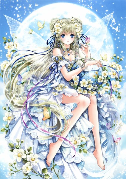 Anime picture 2329x3300 with original eshi 100-nin ten shiitake (gensoudou) single long hair tall image looking at viewer blush highres blue eyes bare shoulders silver hair barefoot hair flower scan bare legs insect wings butterfly wings butterfly on hand girl