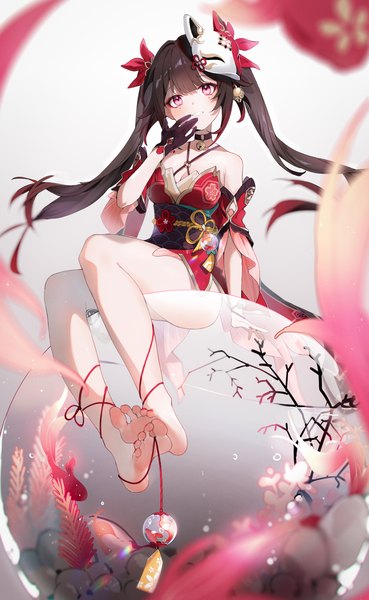 Anime picture 1922x3124 with honkai: star rail honkai (series) sparkle (honkai: star rail) rosem lin single long hair tall image looking at viewer blush fringe highres breasts light erotic black hair simple background sitting twintails bare shoulders payot full body