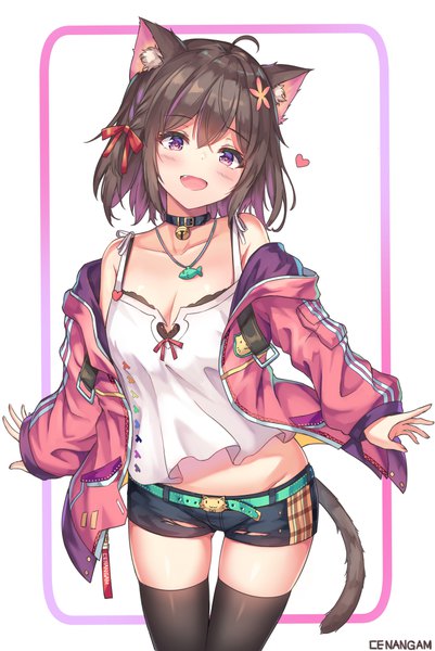 Anime picture 736x1100 with original cenangam single tall image looking at viewer blush fringe short hair breasts open mouth light erotic simple background smile hair between eyes brown hair standing white background purple eyes signed animal ears