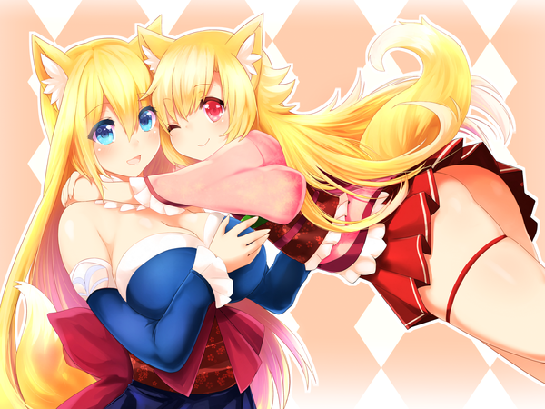 Anime picture 3456x2592 with original naomi (sekai no hate no kissaten) long hair blush highres breasts open mouth blue eyes light erotic blonde hair smile large breasts multiple girls animal ears absurdres tail animal tail one eye closed pink eyes wink
