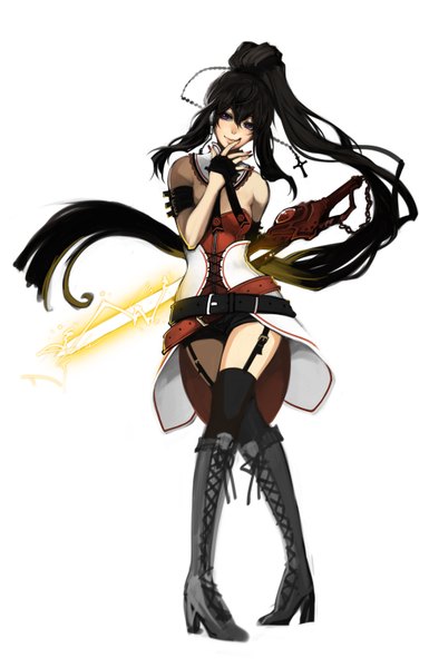 Anime picture 1000x1559 with original leila eliora lacroix ippus single tall image looking at viewer black hair red eyes bare shoulders ponytail very long hair girl thighhighs weapon black thighhighs sword shorts boots
