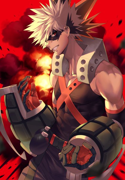 Anime picture 2000x2865 with boku no hero academia studio bones bakugou katsuki kinty single tall image looking at viewer fringe highres short hair blonde hair smile hair between eyes red eyes standing bare shoulders profile grin smoke muscle