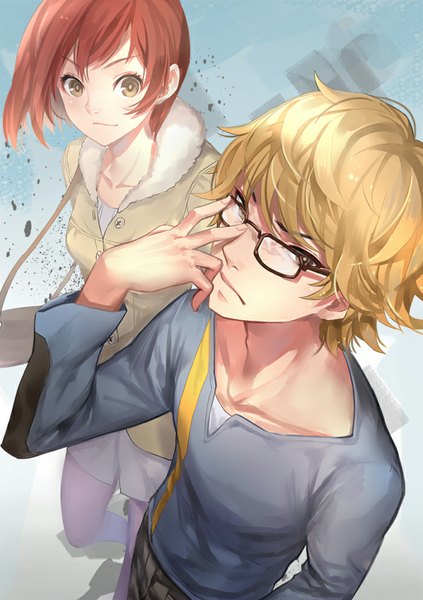 Anime picture 700x993 with tokyo ghoul studio pierrot nishio nishiki j.lili tall image looking at viewer fringe short hair blonde hair smile brown eyes red hair fingernails lips shadow looking up eyebrows hand in pocket messy hair adjusting glasses