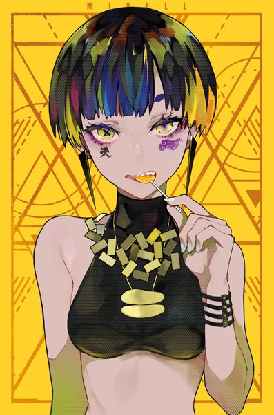 Anime picture 1127x1700 with original lam (ramdayo) single tall image looking at viewer fringe short hair black hair yellow eyes upper body blunt bangs nail polish multicolored hair tattoo symbol-shaped pupils yellow background white nail polish girl earrings food