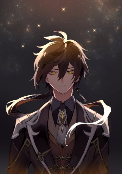 Anime picture 800x1143 with genshin impact zhongli (genshin impact) namae (areees) single long hair tall image looking at viewer fringe hair between eyes brown hair yellow eyes upper body low ponytail expressionless boy necktie star (stars) single earring