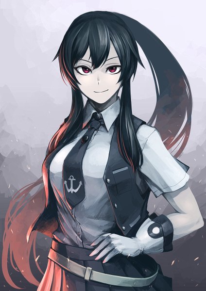 Anime picture 868x1228 with kantai collection yahagi light cruiser hetza (hellshock) single long hair tall image looking at viewer black hair smile standing purple eyes ponytail pleated skirt hand on hip girl skirt gloves necktie white gloves vest