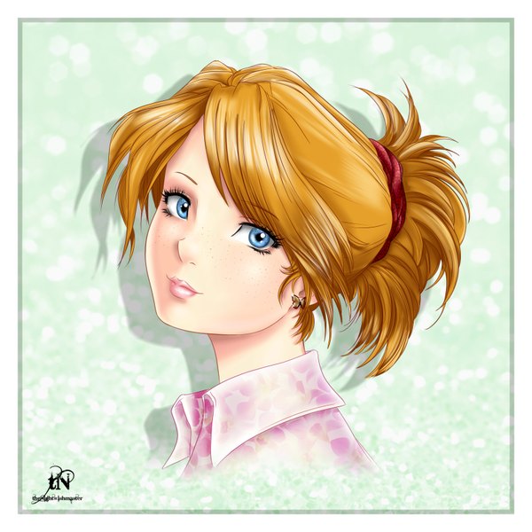 Anime picture 1600x1600 with thenightwishmaster single looking at viewer short hair blue eyes blonde hair signed lips portrait face girl earrings clothes